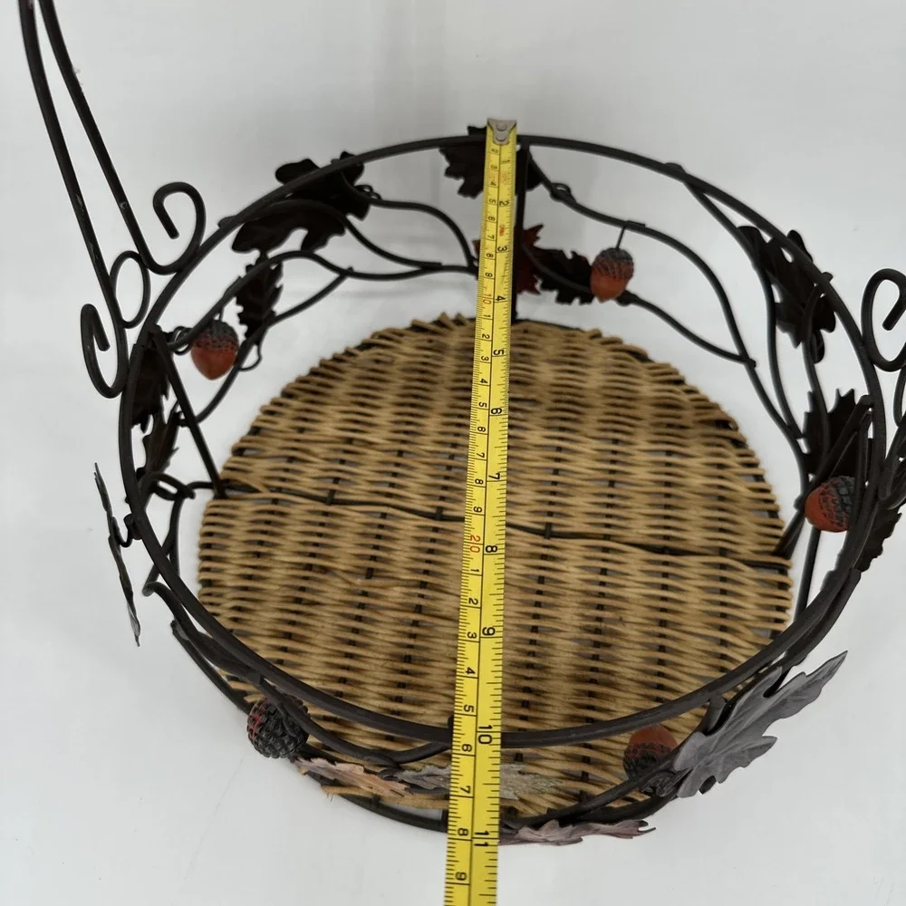 Fall Harvest Metal & Rattan‎ Basket with Handle Autumn Decor Leaf Acorn